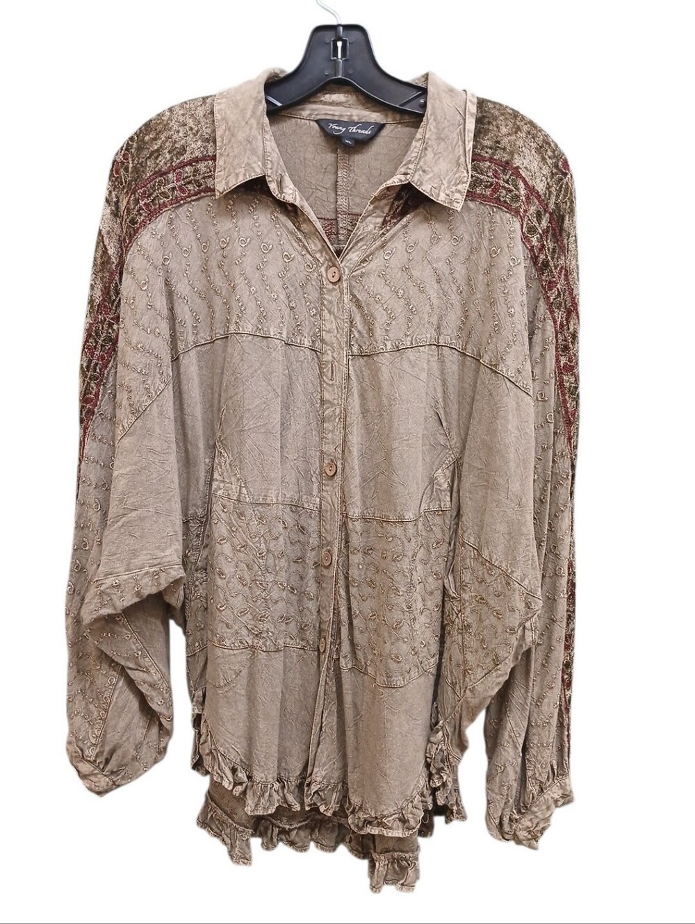 Young Threads Taupe Button-Front Embroidered Blouse with Rust Shoulder Detail XL
